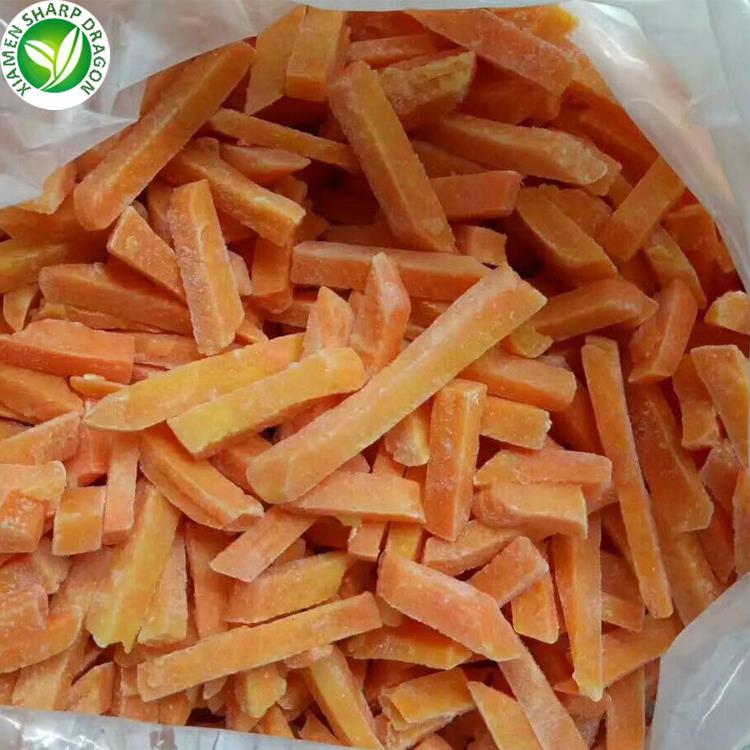 Frozen sweet potato strip format in an inner bag Frozen orange sweet potato strips in a clear inner bag